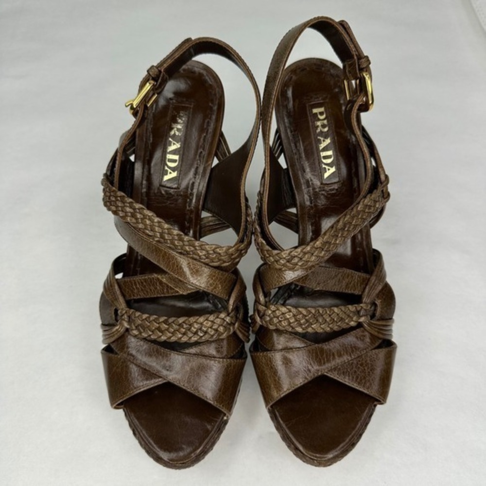 Prada Brown Braided Leather Strappy Platform Heels Sandals Italy 37.5‎ Womens